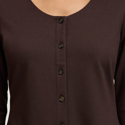Kenz Buttoned 3/4-Sleeve Scrub Top - Espresso