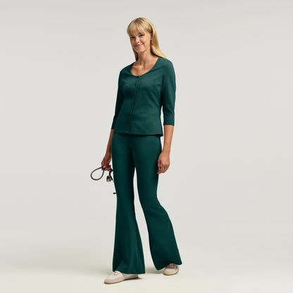 Kenz Buttoned 3/4-Sleeve Scrub Top - Midnight Green
