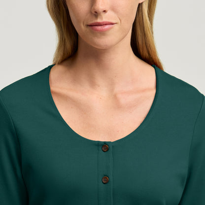 Kenz Buttoned 3/4-Sleeve Scrub Top - Midnight Green