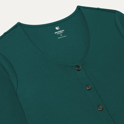 Kenz Buttoned 3/4-Sleeve Scrub Top - Midnight Green