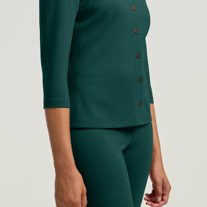 Kenz Buttoned 3/4-Sleeve Scrub Top - Midnight Green