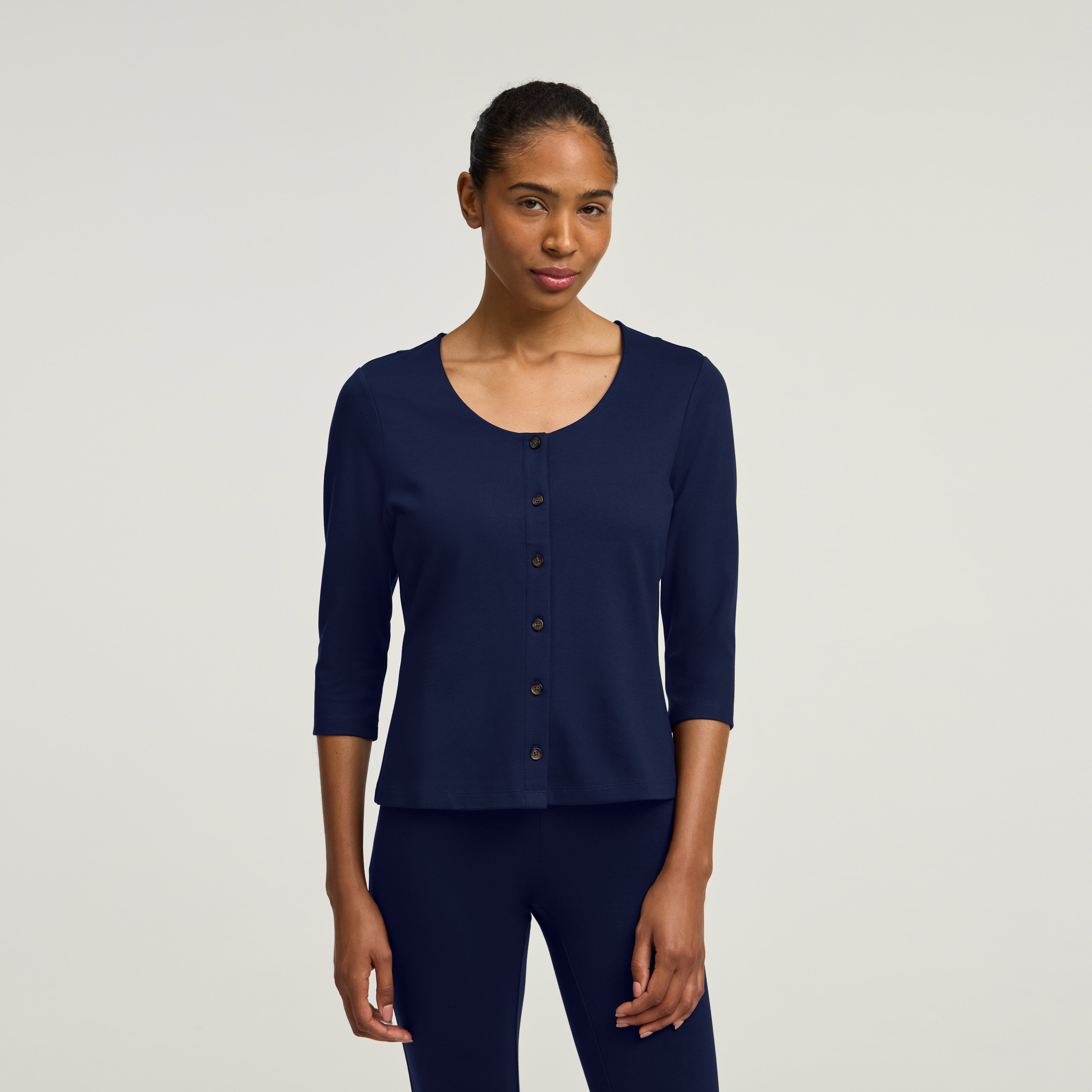 Kenz Buttoned 3/4-Sleeve Scrub Top - Midnight Navy