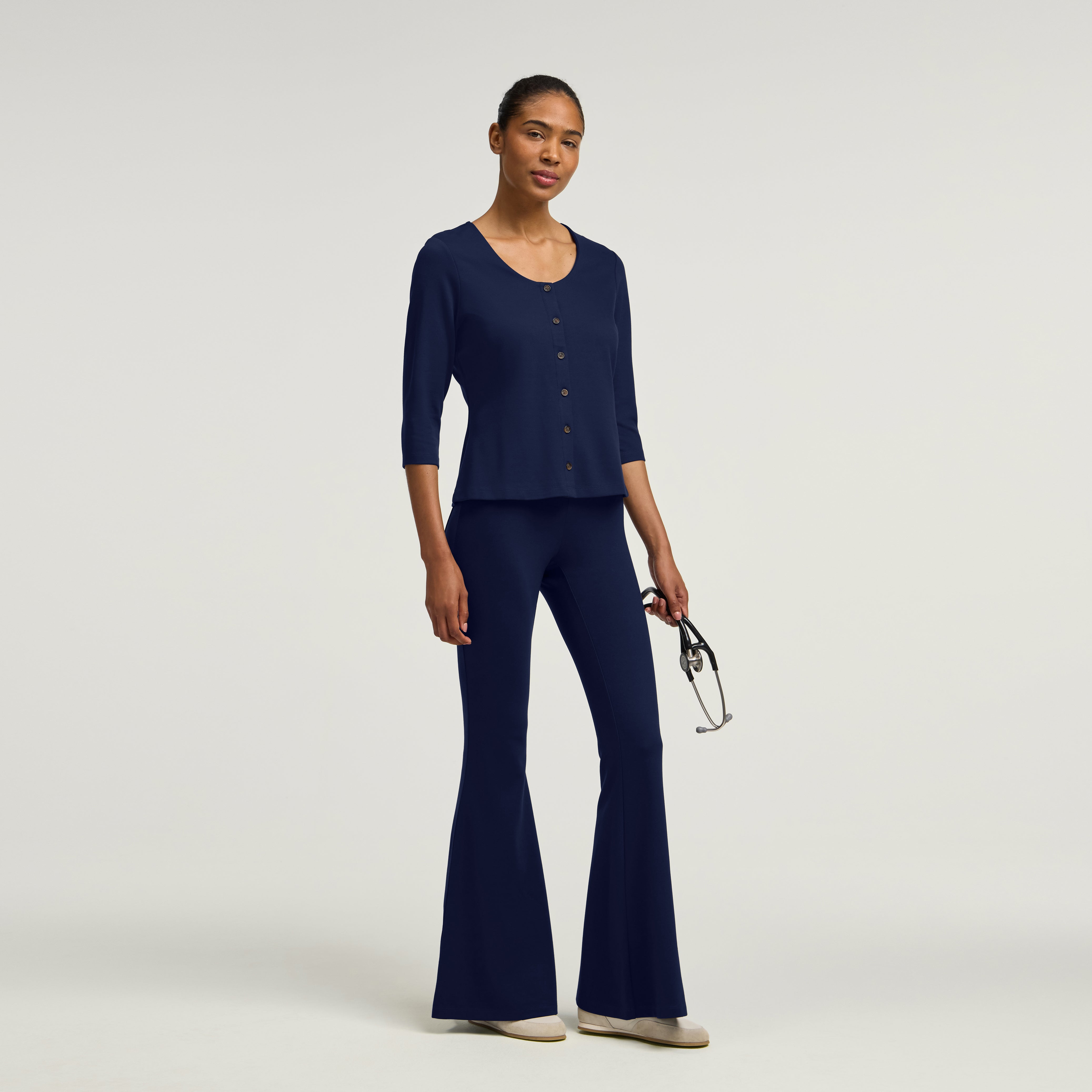 Kenz Buttoned 3/4-Sleeve Scrub Top - Midnight Navy