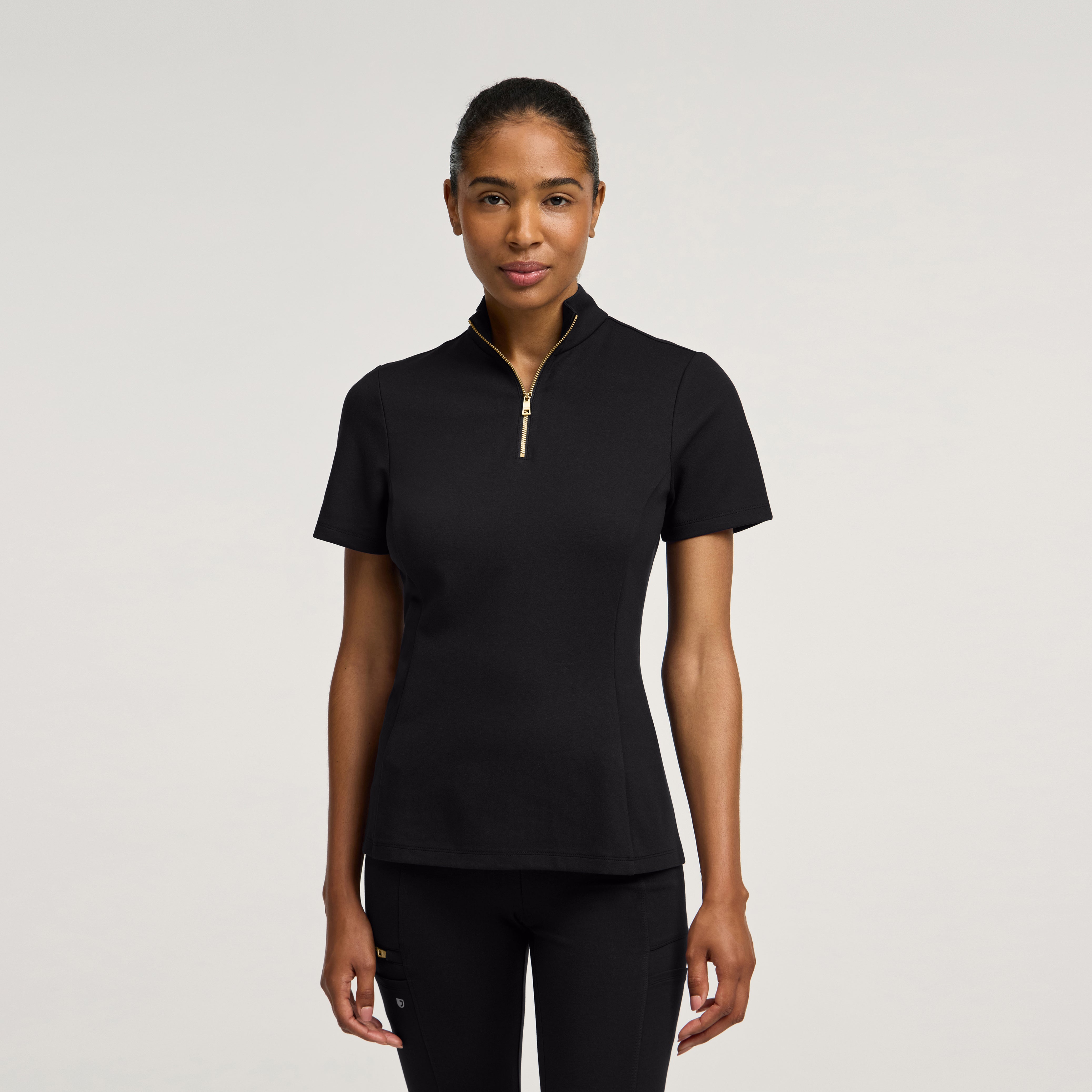 Astra Slim Half-Zip Scrub Top - Black + Gold Zip