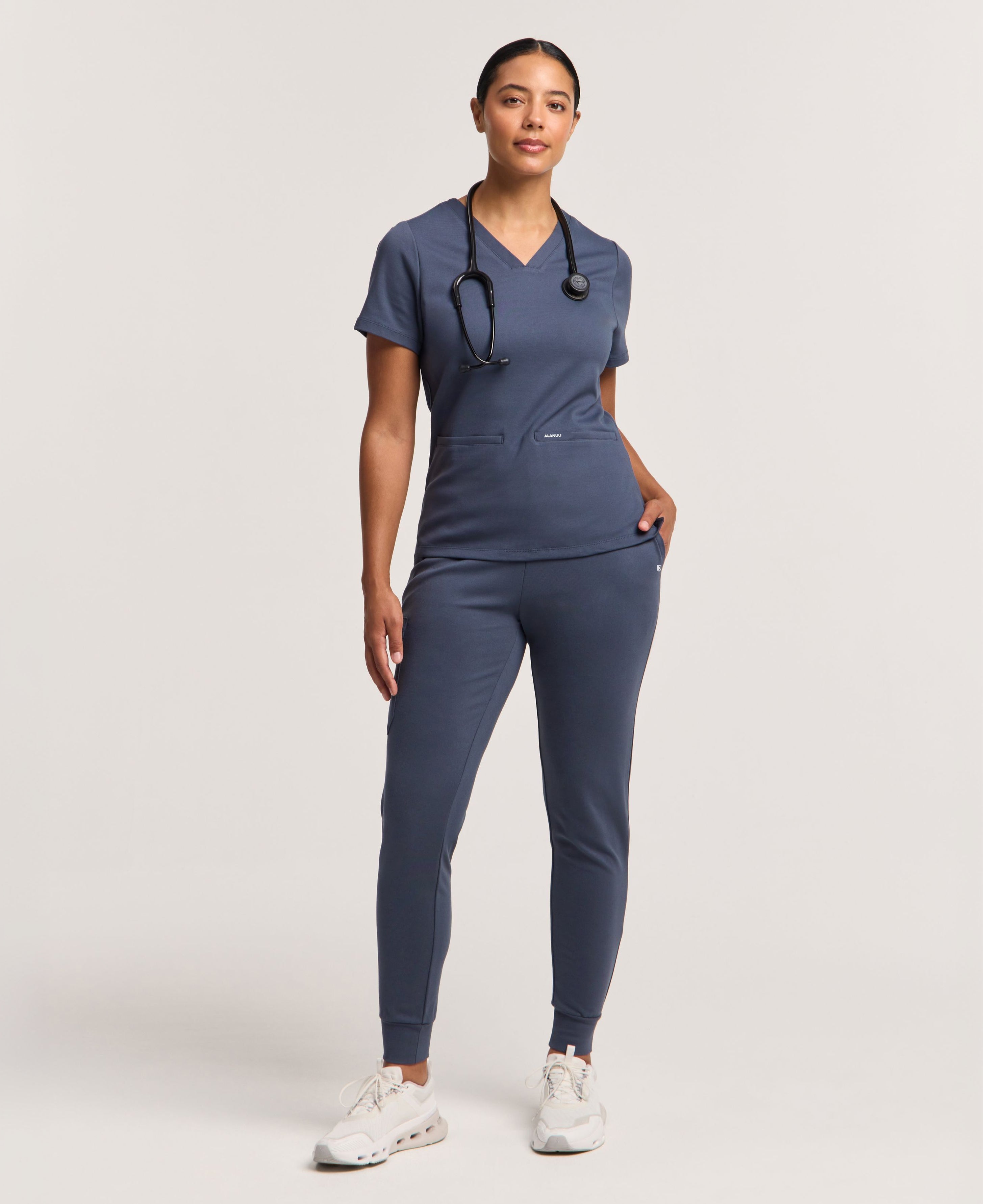 Jaanuu Cesi Slim Scrub Top in Carbon Gray, product photo 3 of 6