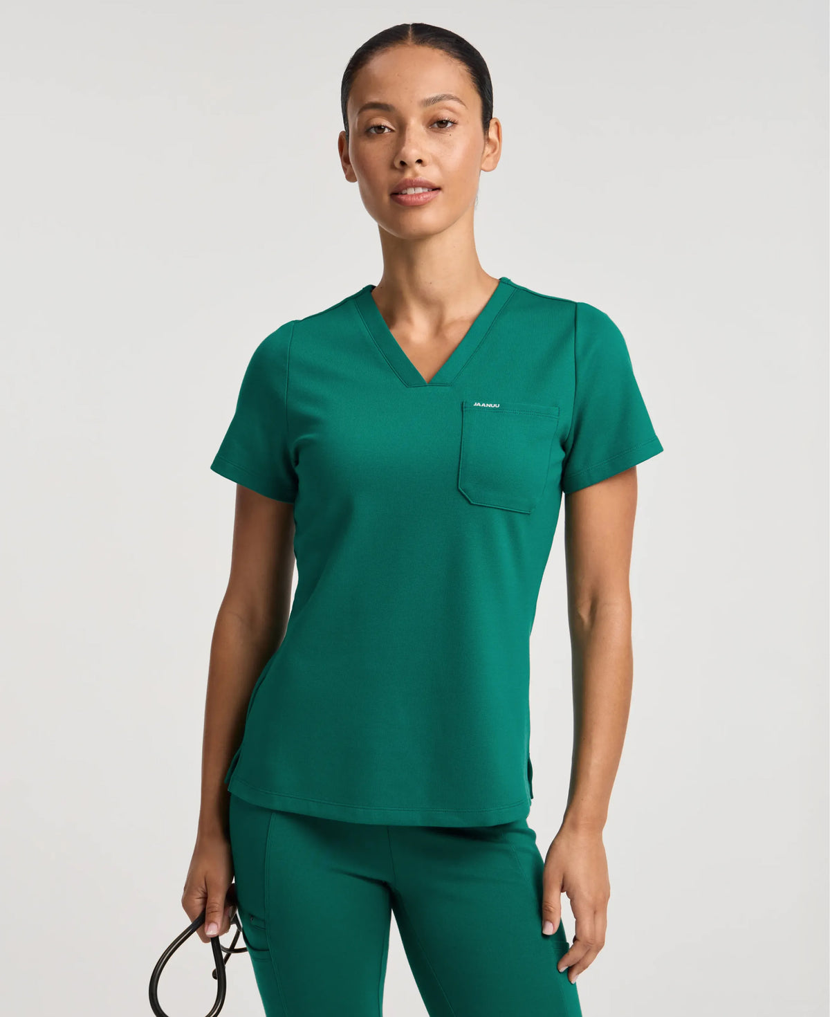 Jaanuu Keva Slim 1-Pocket Scrub Top in Hunter Green, product photo 1 of 6