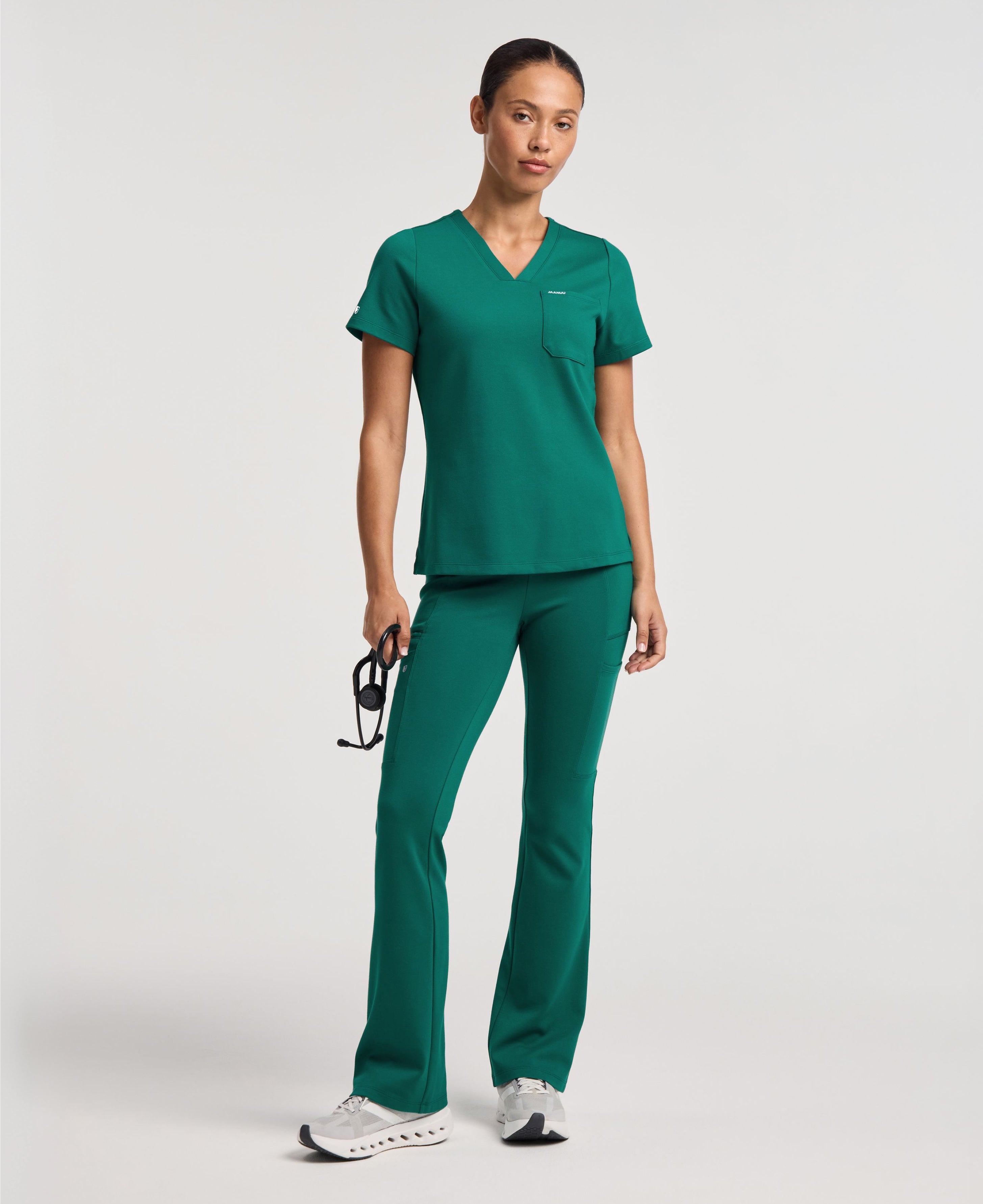 Jaanuu Keva Slim 1-Pocket Scrub Top in Hunter Green, product photo 2 of 6