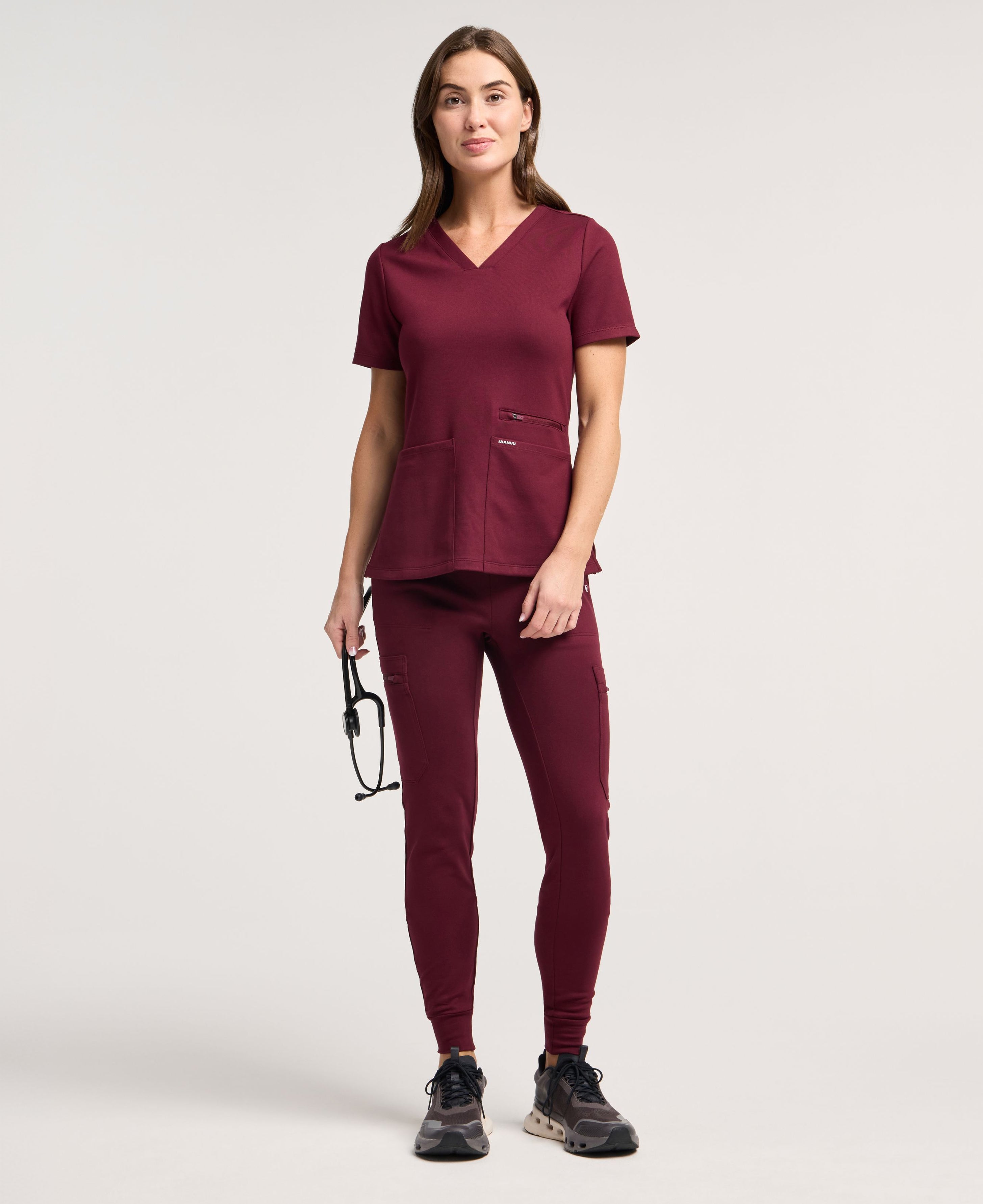 Jaanuu Kass Slim 4-Pocket Scrub Top in Burgundy, product photo 4 of 6
