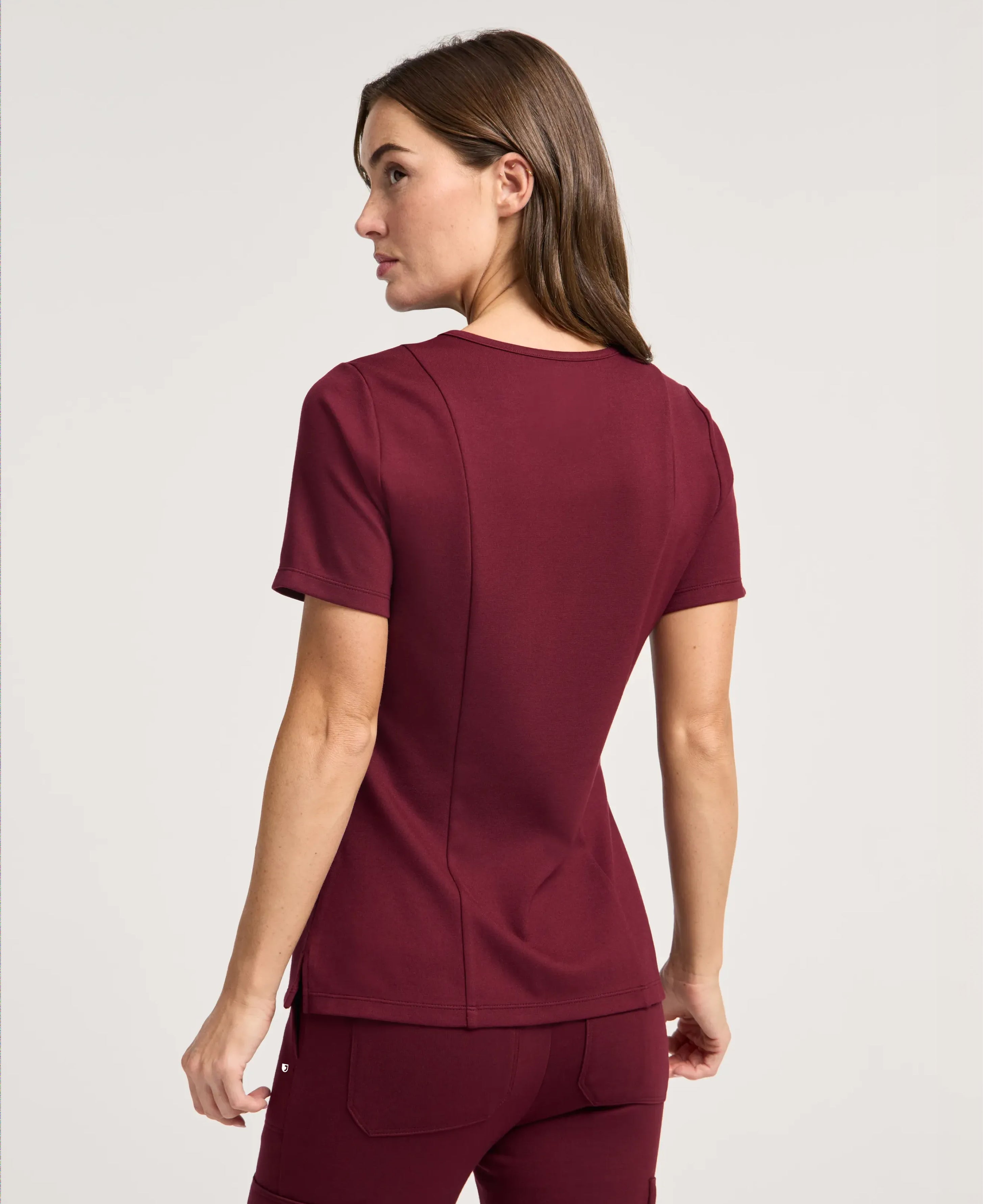 Jaanuu Kass Slim 4-Pocket Scrub Top in Burgundy, product photo 5 of 6