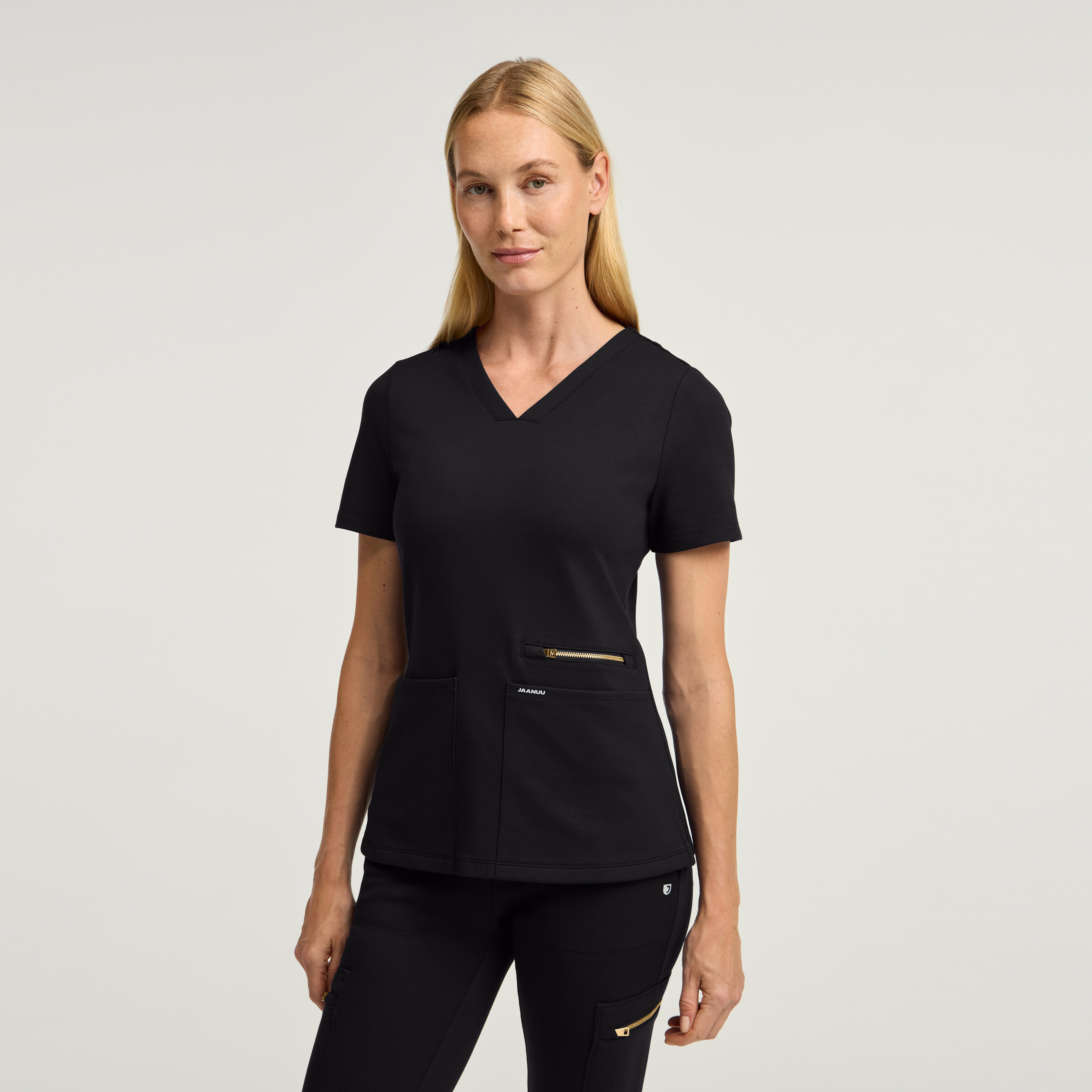 Kass Slim 4-Pocket Scrub Top - Black + Gold Zip