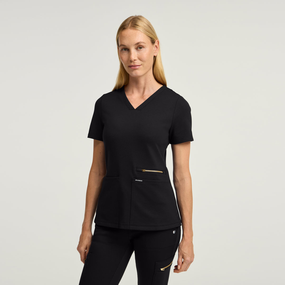 Kass Slim 4-Pocket Scrub Top - Black + Gold Zip
