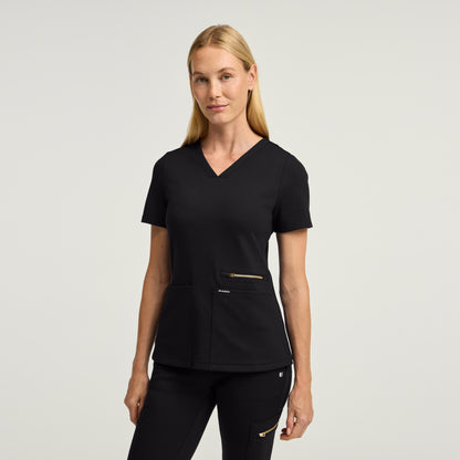 Kass Slim 4-Pocket Scrub Top - Black + Gold Zip