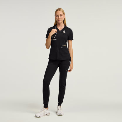 Kass Slim 4-Pocket Scrub Top - Black + Gold Zip