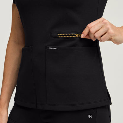 Kass Slim 4-Pocket Scrub Top - Black + Gold Zip