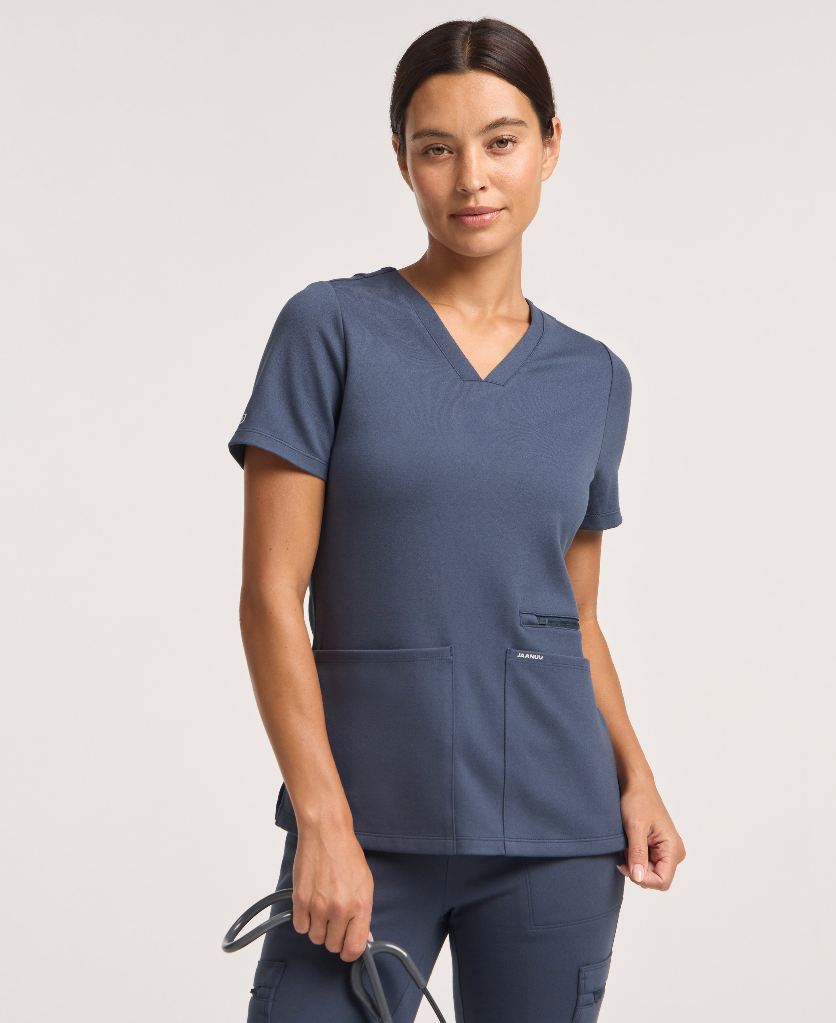 Jaanuu Kass Slim 4-Pocket Scrub Top in Carbon Gray, product photo 4 of 6