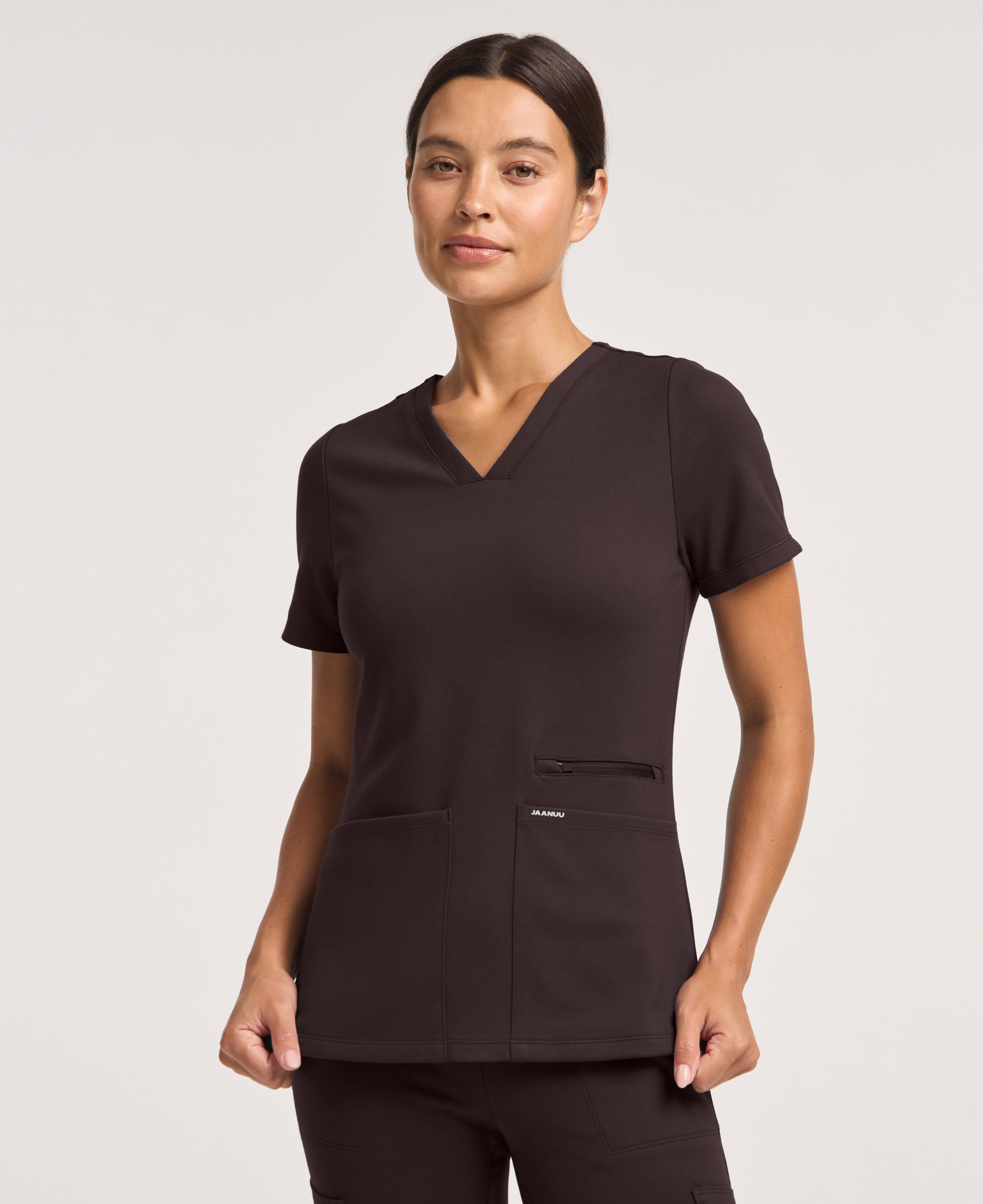 Kass Slim 4-Pocket Scrub Top - Espresso