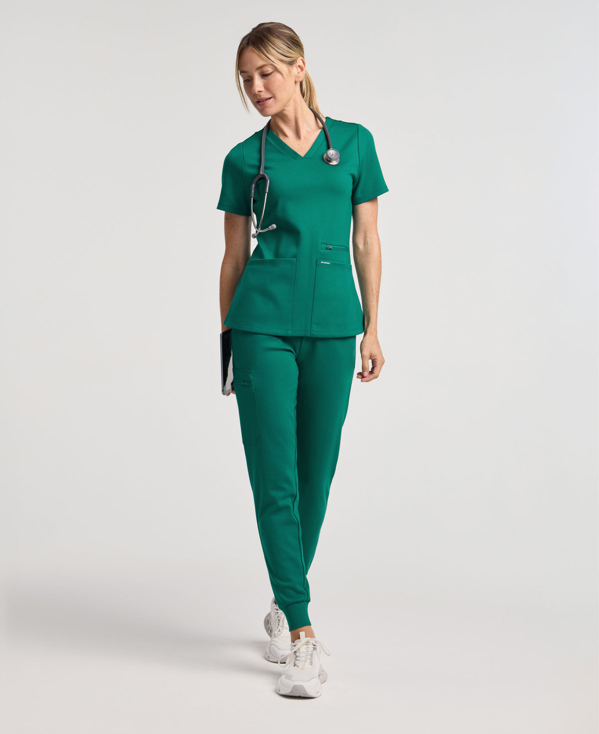 Jaanuu Kass Slim 4-Pocket Scrub Top in Hunter Green, product photo 2 of 6