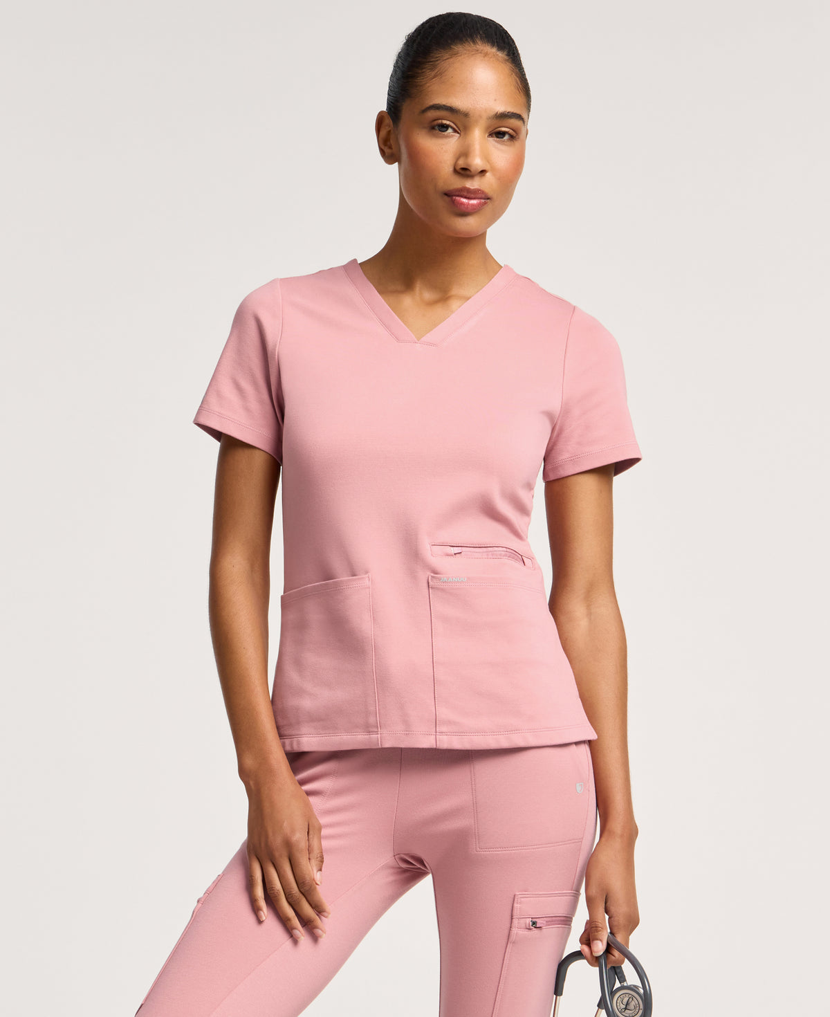 Jaanuu Kass Slim 4-Pocket Scrub Top in Mauve, product photo 2 of 6