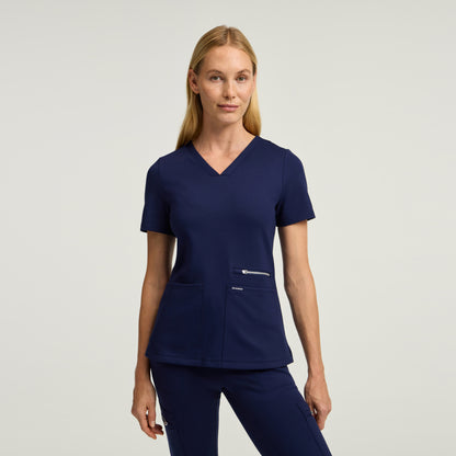 Kass Slim 4-Pocket Scrub Top - Midnight Navy + Silver Zip