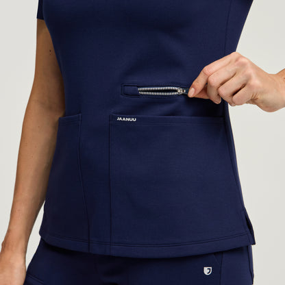 Kass Slim 4-Pocket Scrub Top - Midnight Navy + Silver Zip