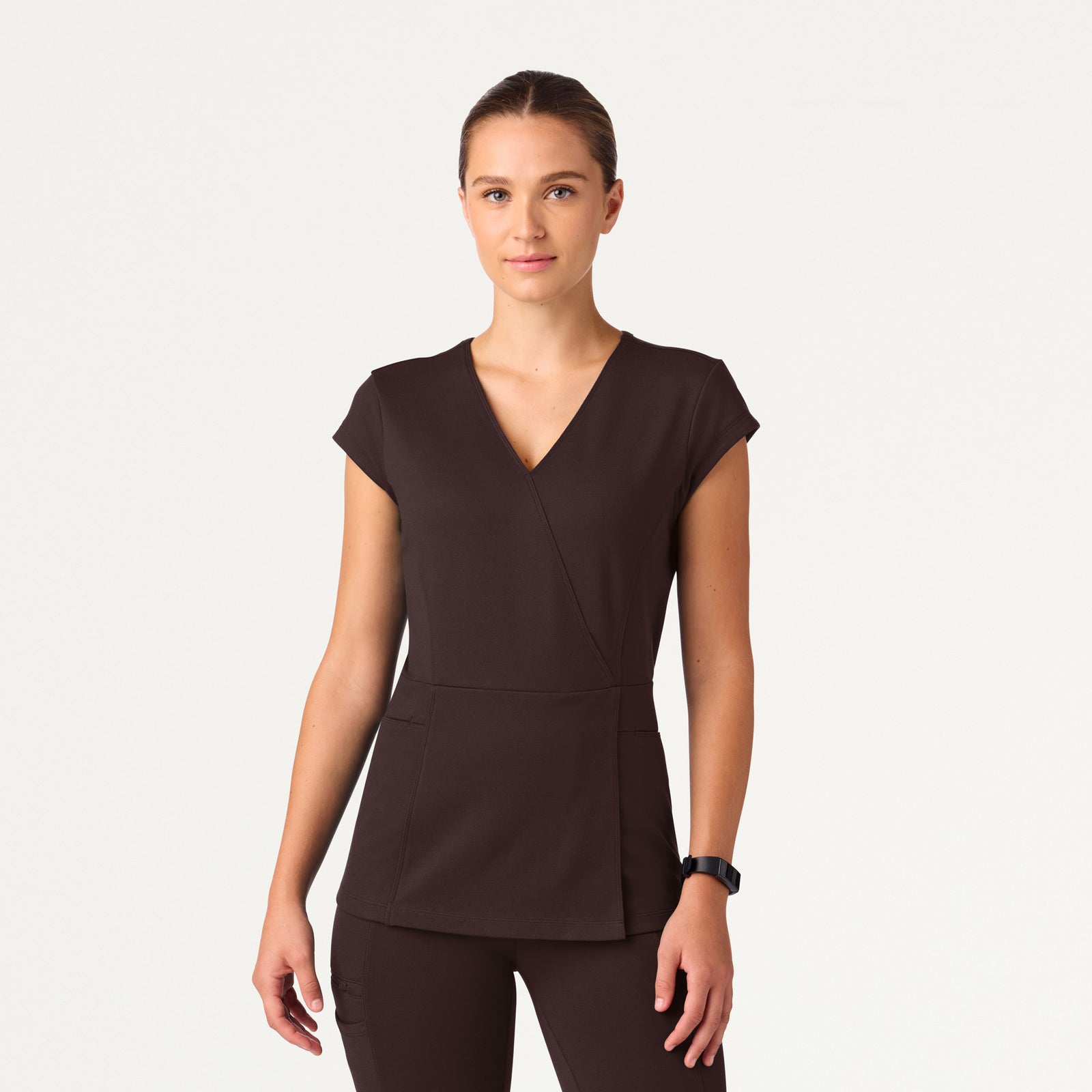 Isla Mock-Wrap UltraSOFT Scrub Top - Espresso
