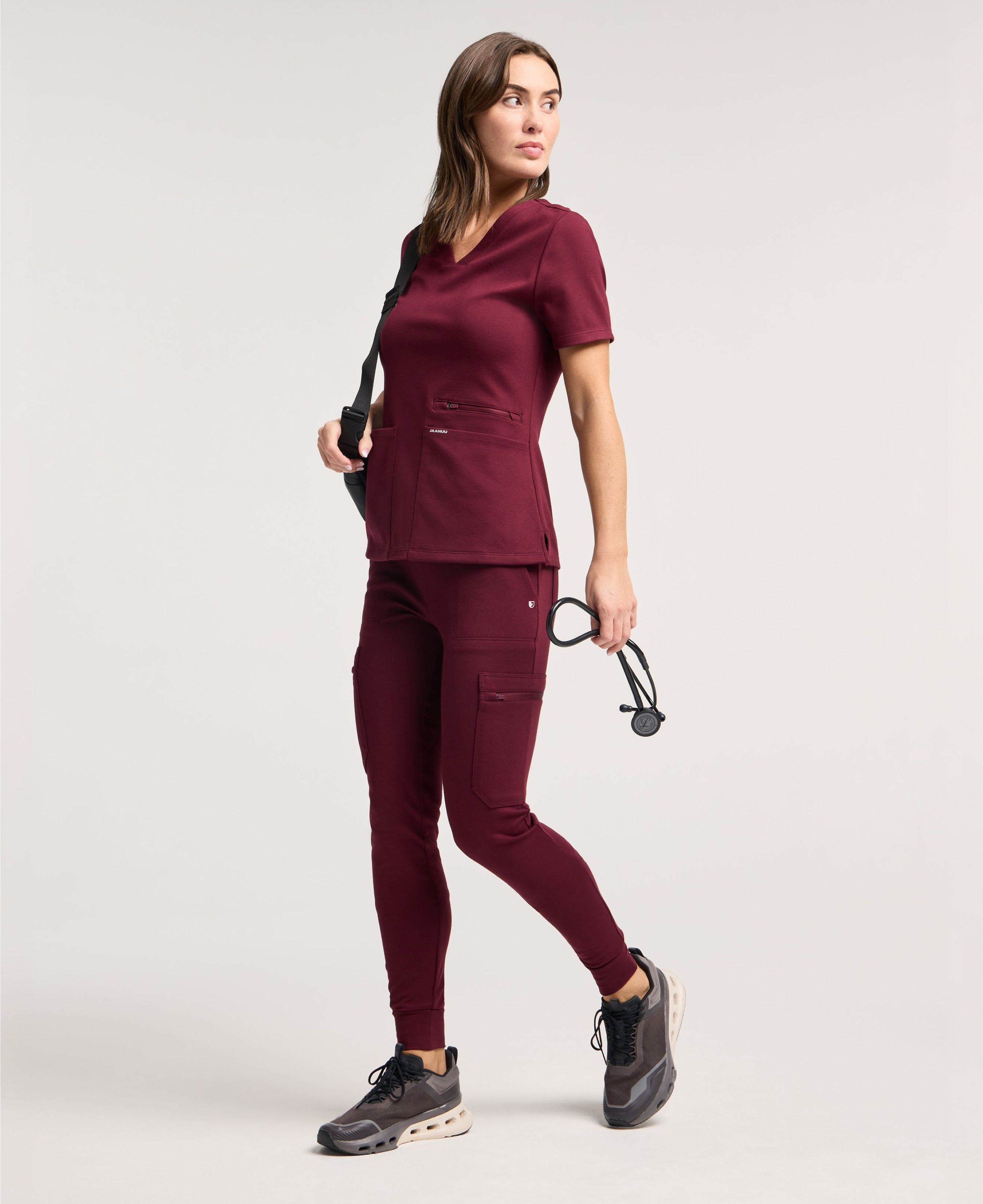 Jaanuu Kait 10-Pocket Skinny Scrub Jogger in Burgundy, product photo 4 of 6