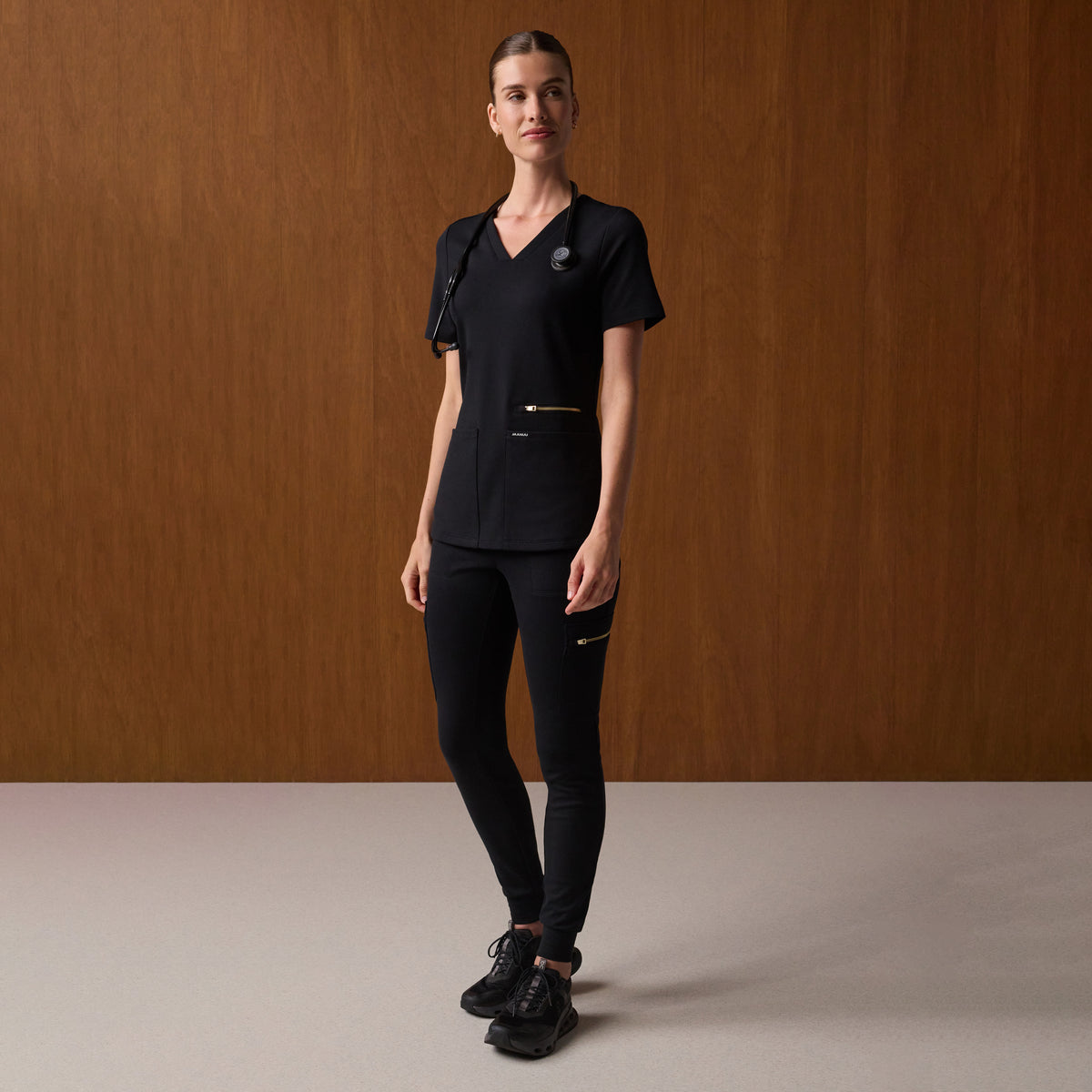 Kait 10-Pocket Skinny Scrub Jogger - Black + Gold Zip