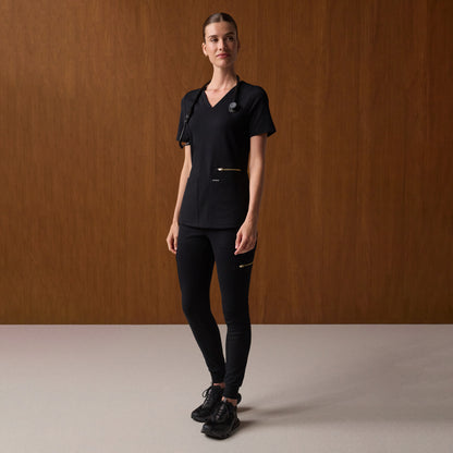 Kait 10-Pocket Skinny Scrub Jogger - Black + Gold Zip