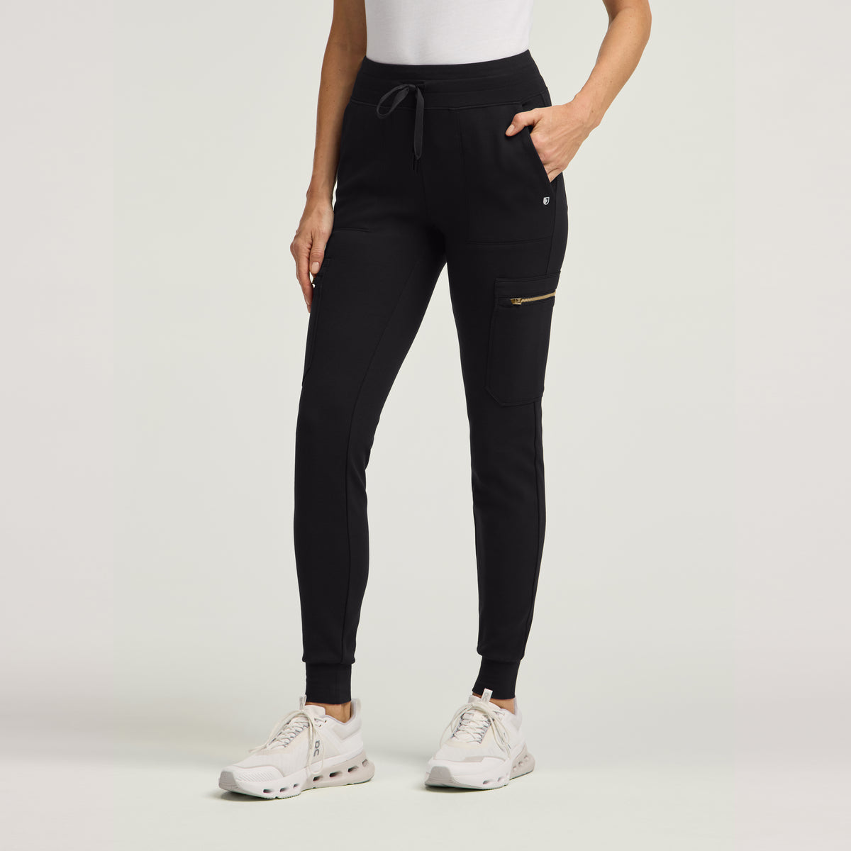 Kait 10-Pocket Skinny Scrub Jogger - Black + Gold Zip