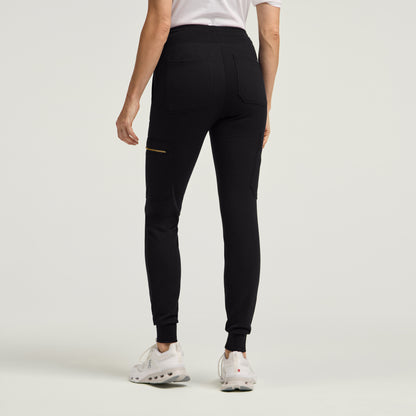 Kait 10-Pocket Skinny Scrub Jogger - Black + Gold Zip