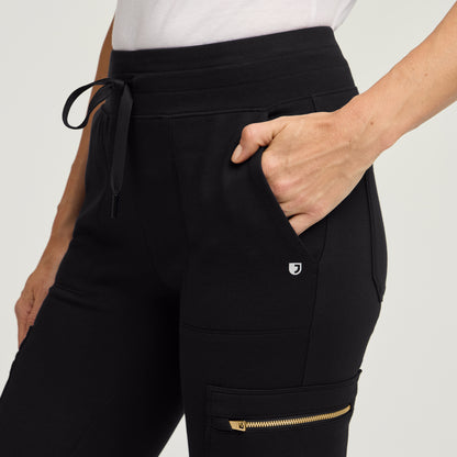 Kait 10-Pocket Skinny Scrub Jogger - Black + Gold Zip