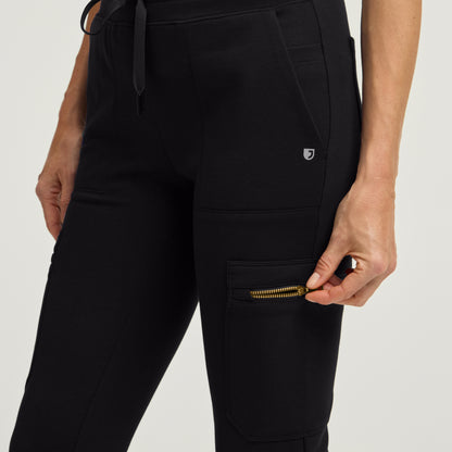 Kait 10-Pocket Skinny Scrub Jogger - Black + Gold Zip