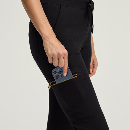 Kait 10-Pocket Skinny Scrub Jogger - Black + Gold Zip