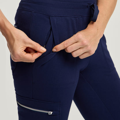 Kait 10-Pocket Skinny Scrub Jogger - Midnight Navy + Silver Zip