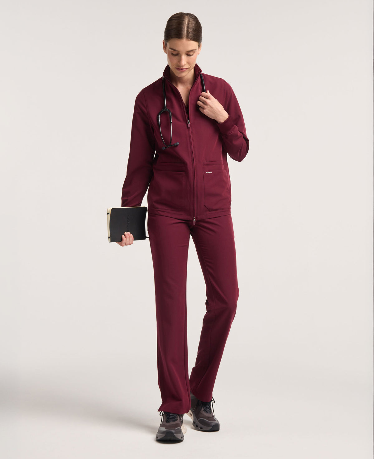 Jaanuu Ceri 6-Pocket Scrub Jacket in Burgundy, product photo 2 of 6