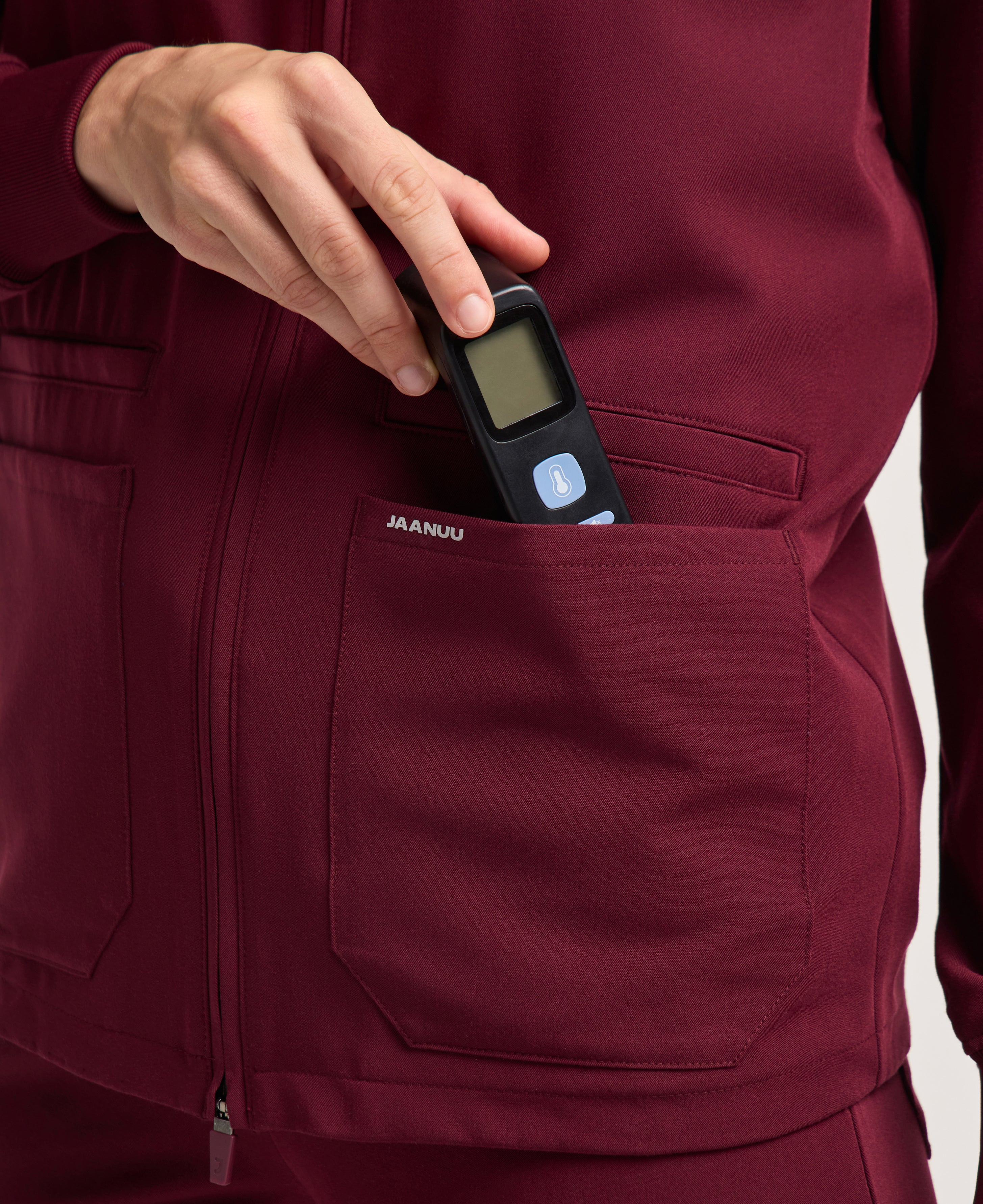 Jaanuu Ceri 6-Pocket Scrub Jacket in Burgundy, product photo 5 of 6