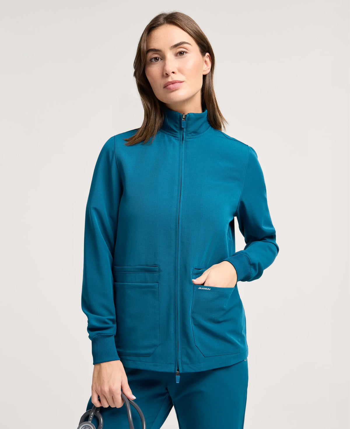 Jaanuu Ceri 6-Pocket Scrub Jacket in Caribbean Blue, product photo 2 of 6