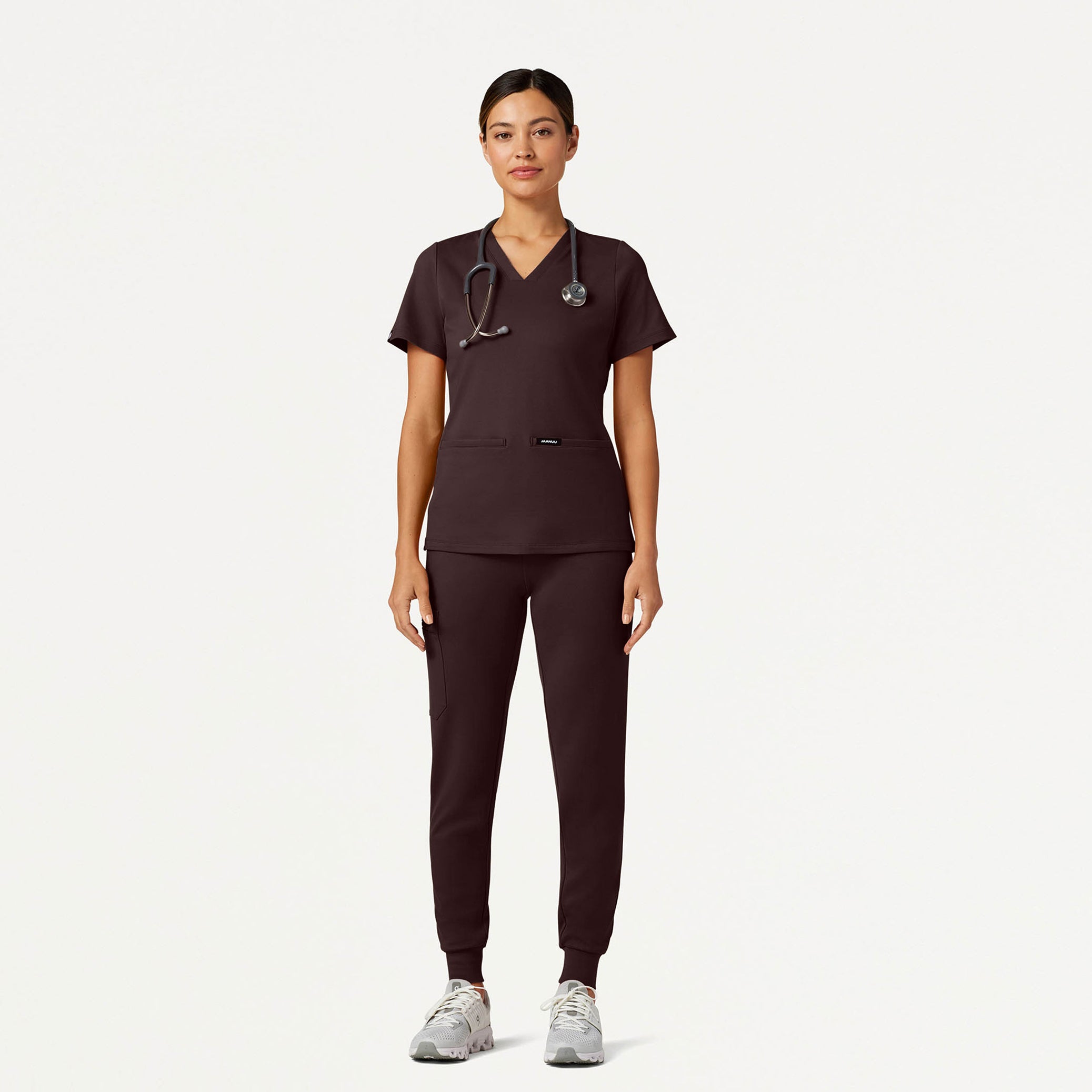 Woman wearing an Espresso scrub set