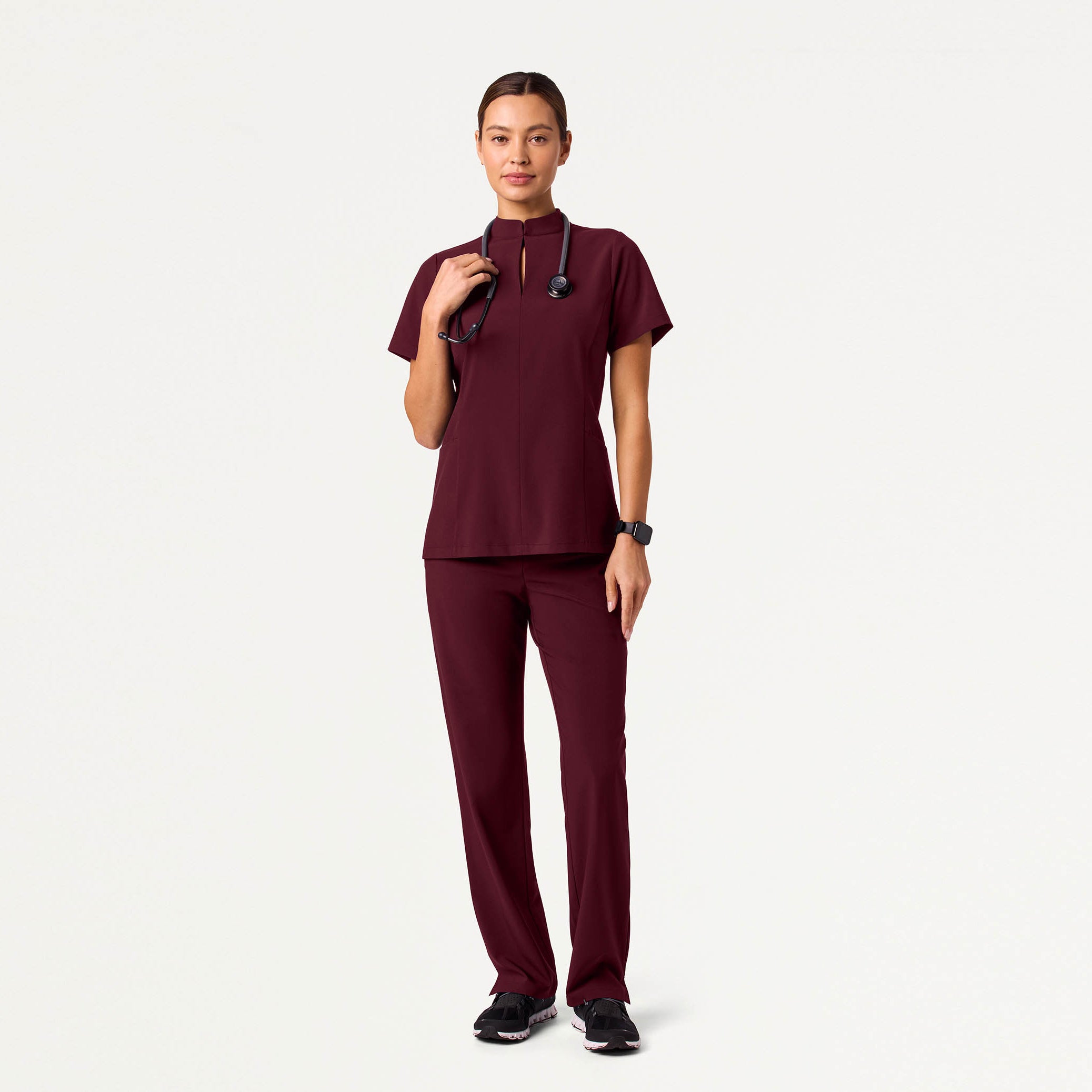 Woman wearing Burgundy scrubs