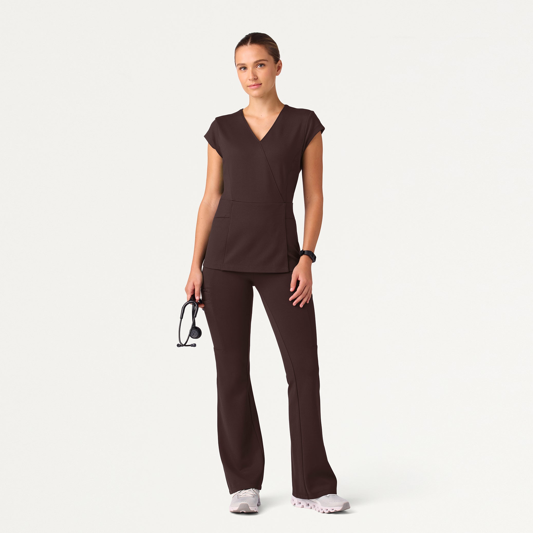 Woman wearing an Espresso scrub set