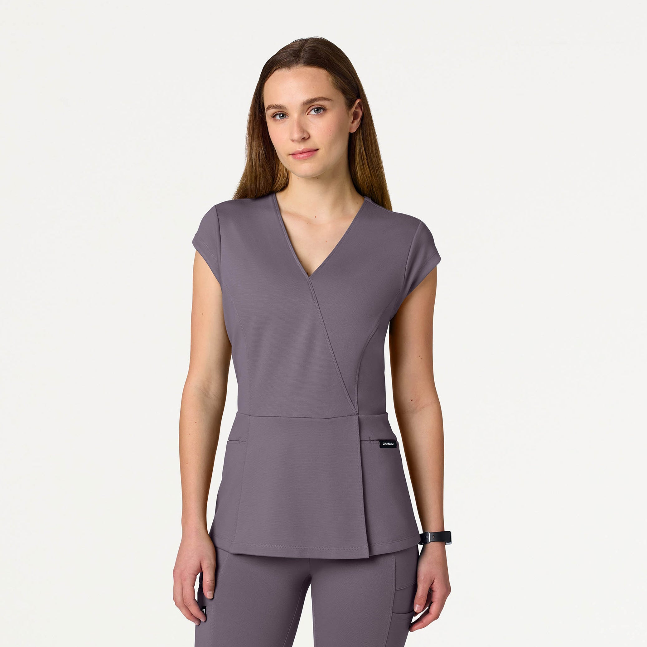 Woman wearing Titanium scrub top