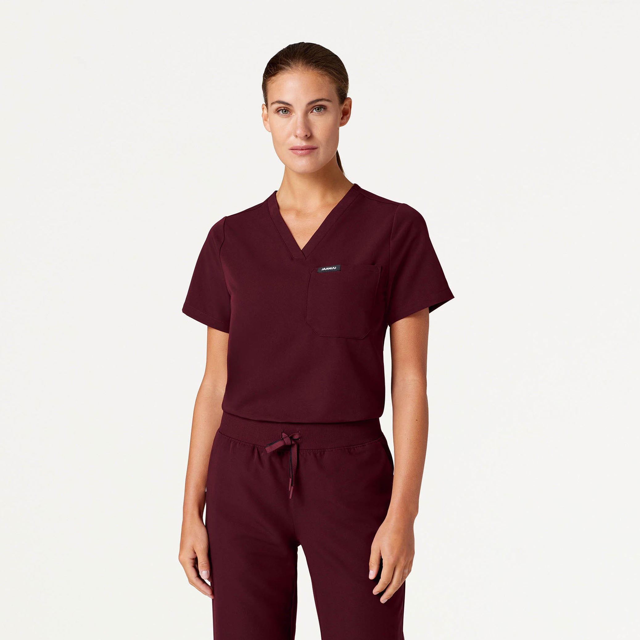 Woman wearing Burgundy scrubs
