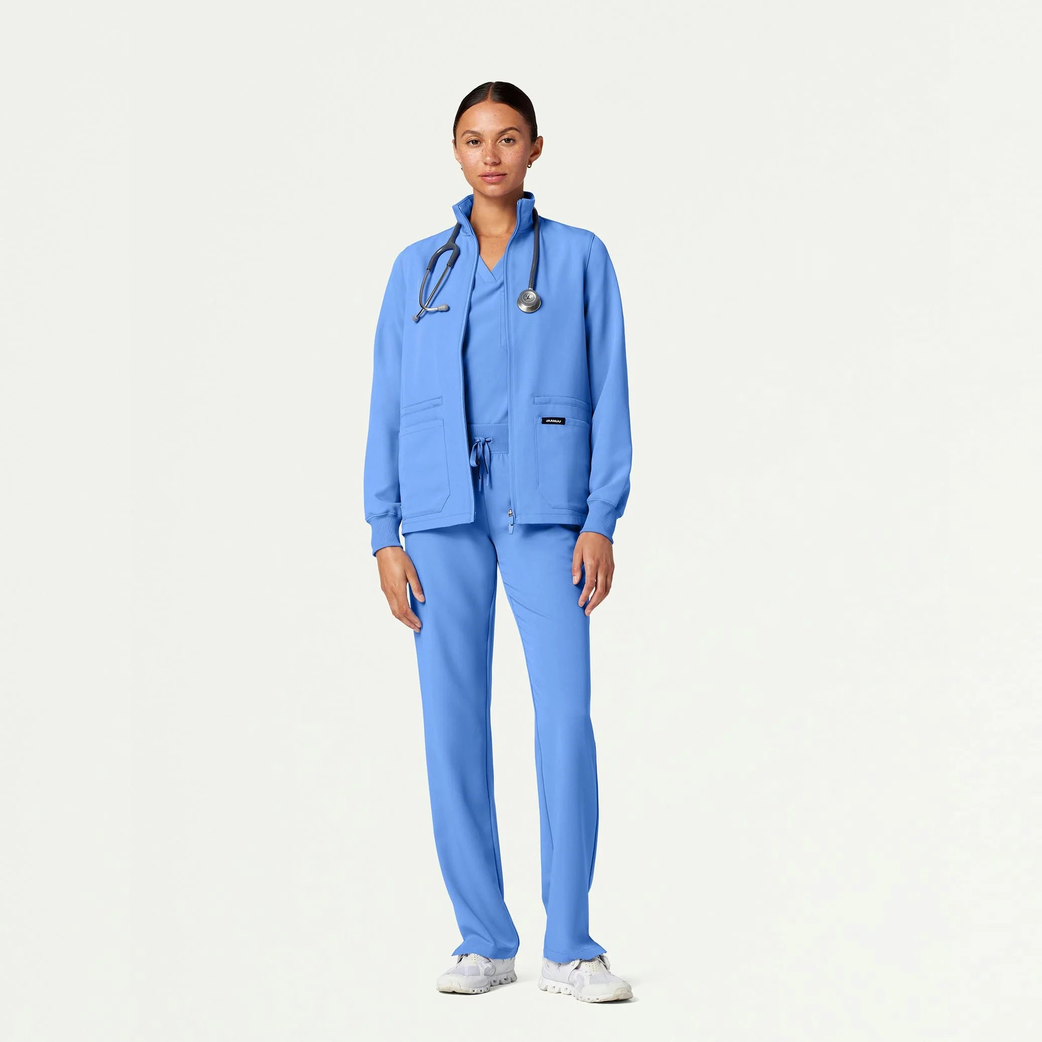 Woman wearing Ceil Blue scrub set