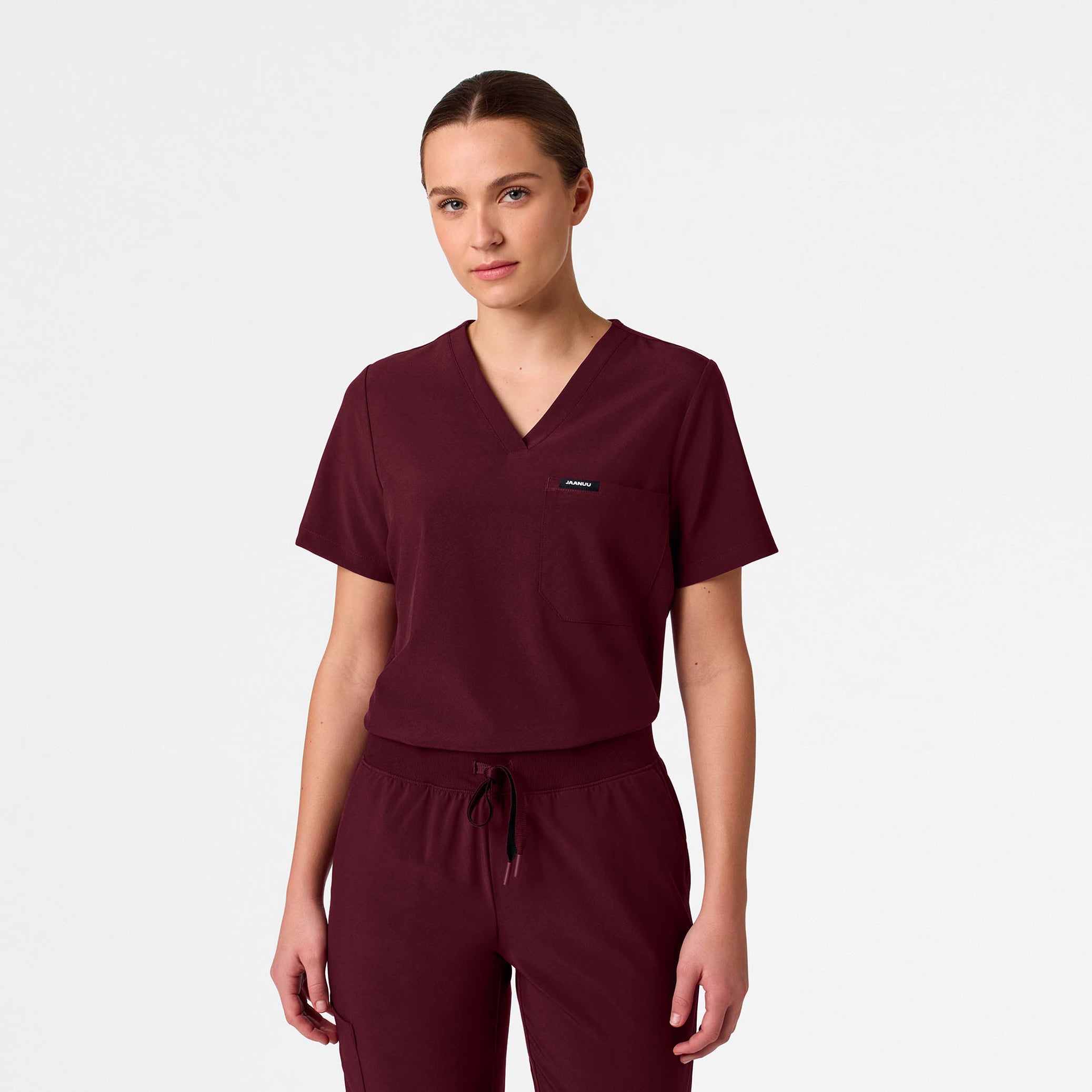 Woman wearing Burgundy scrubs