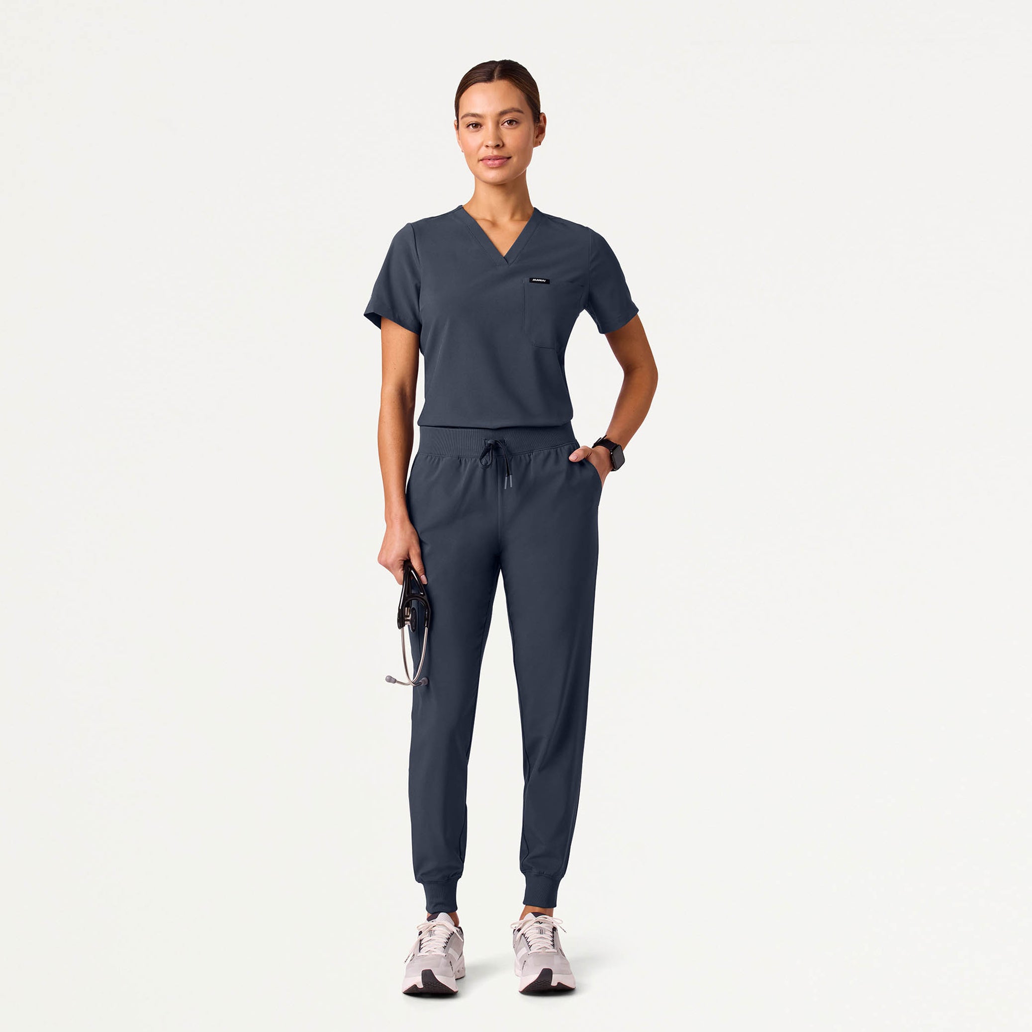 Woman wearing Carbon Gray scrub set