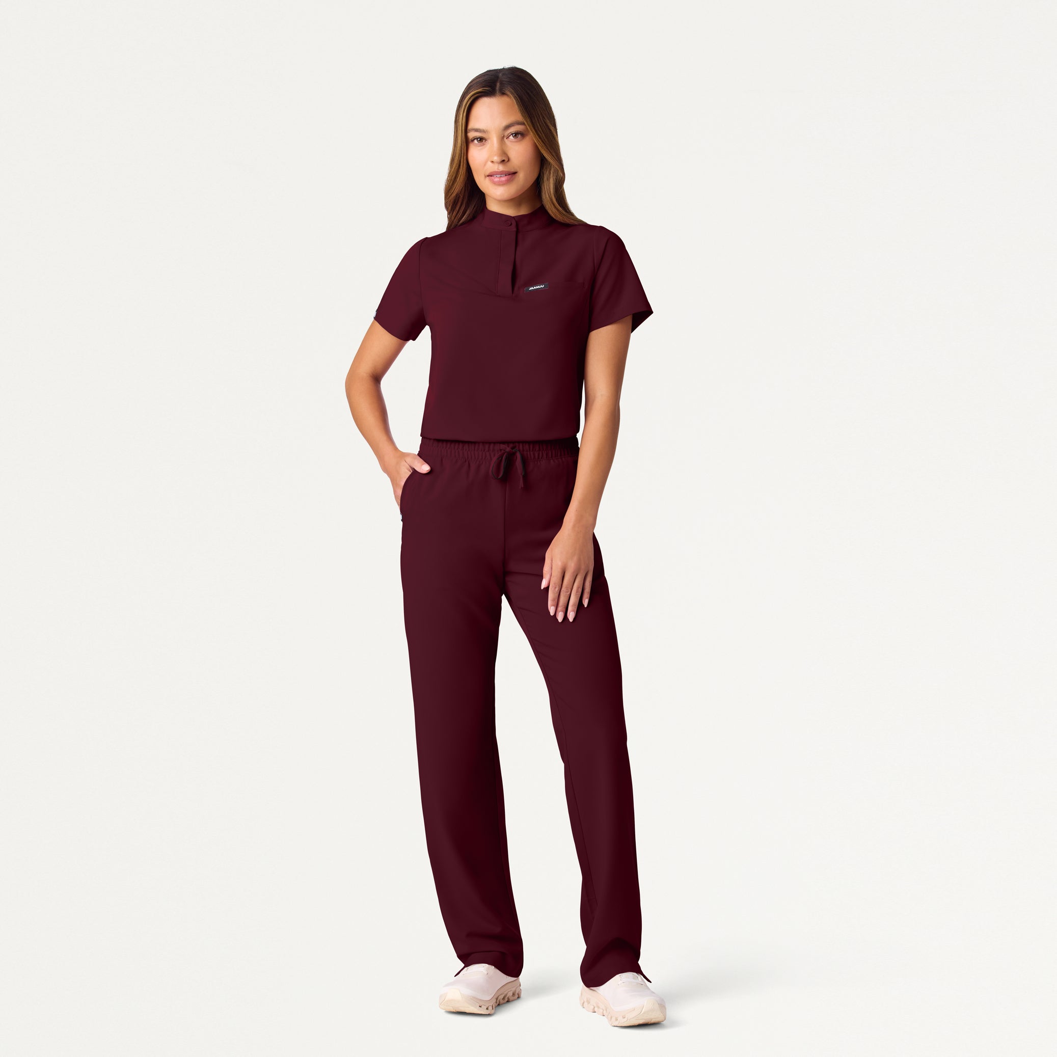 Woman wearing Burgundy scrub set