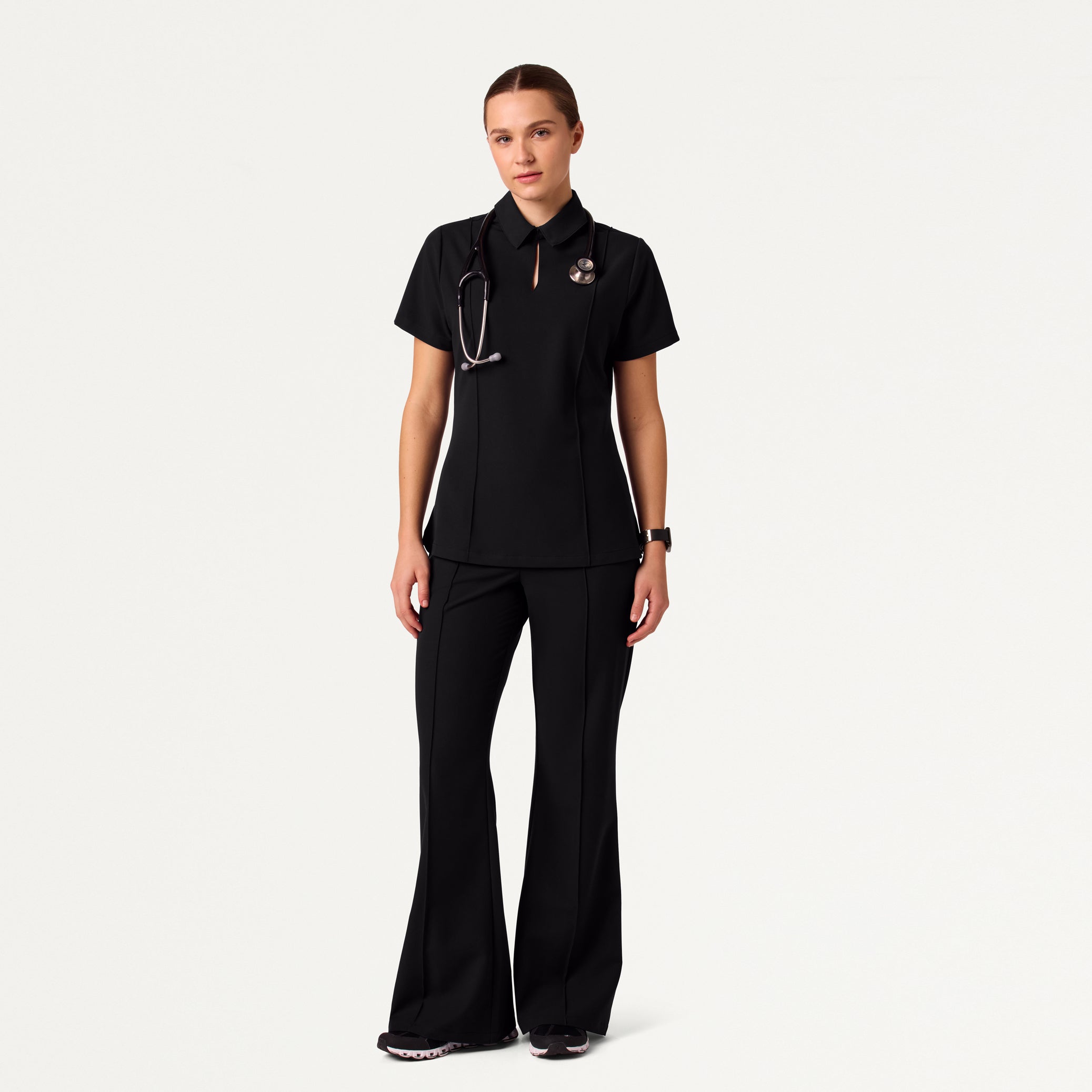 Woman in black scrub set