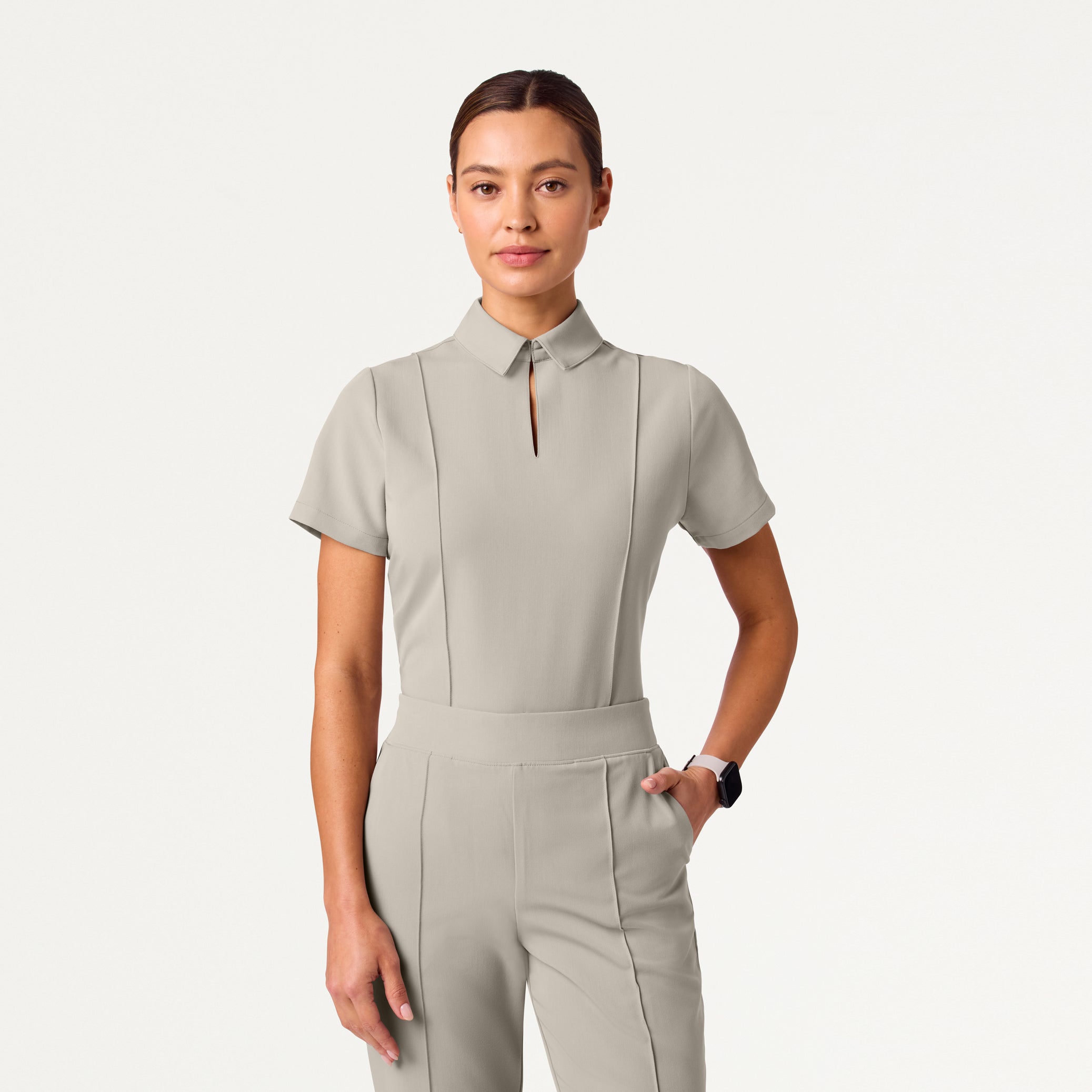Woman wearing Fog scrub top