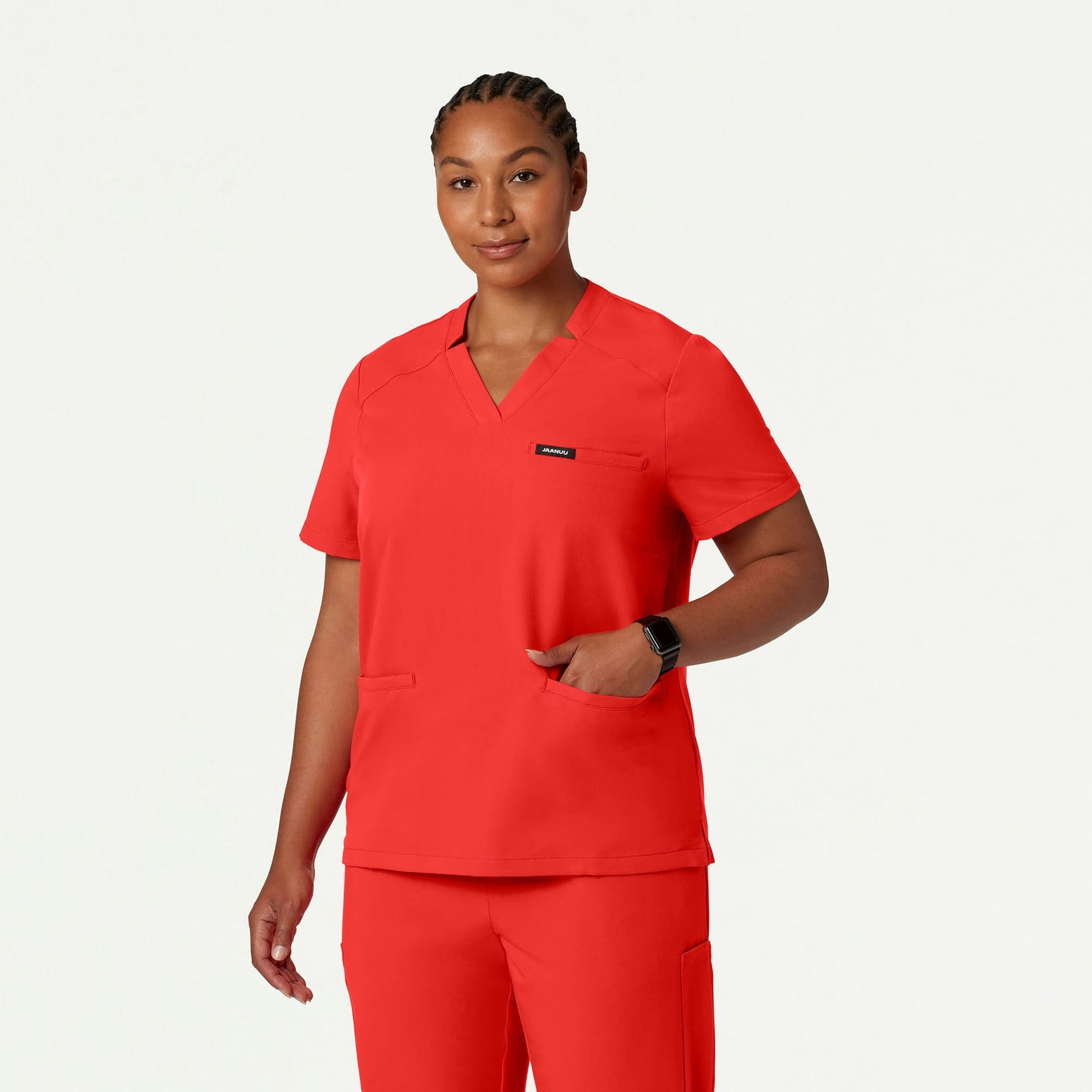 Helia Notched V-Neck Scrub Top - Solar Red - WOMEN'S TOPS - Jaanuu