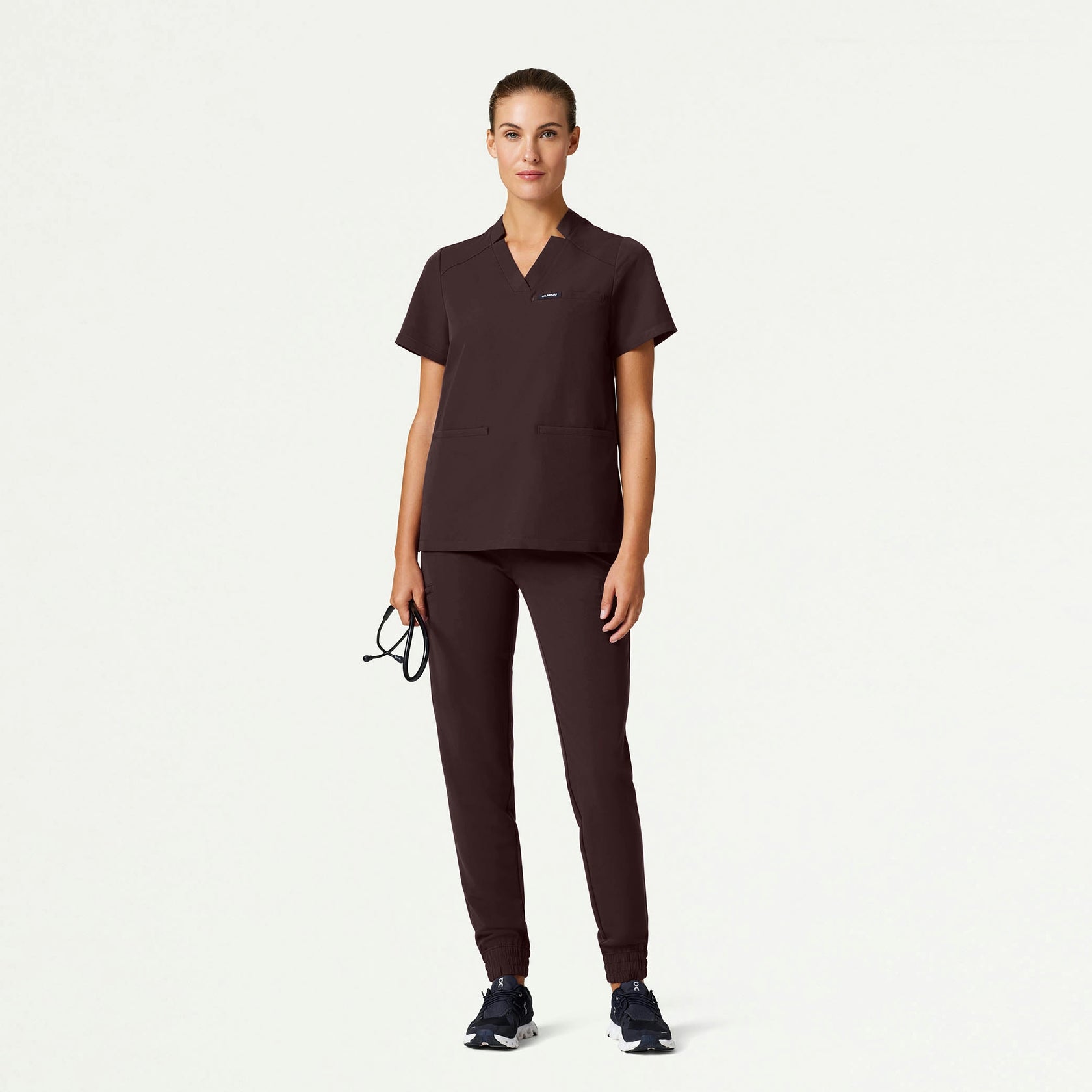 Helia Notched V-Neck Scrub Top - Espresso - WOMEN'S TOPS - Jaanuu